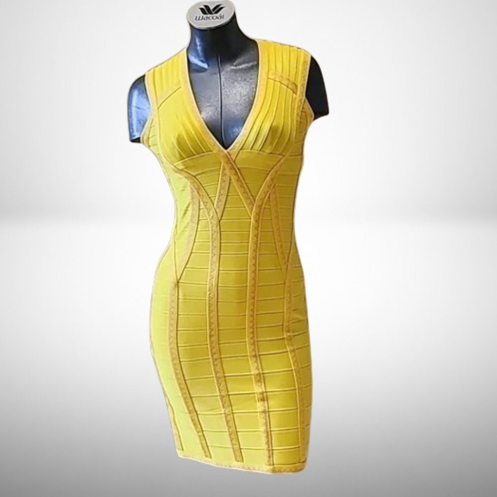 Herve Leger Stunning Bandage Dress in Citrus Yellow and Pink Accent. Size: L - Picture 1 of 11